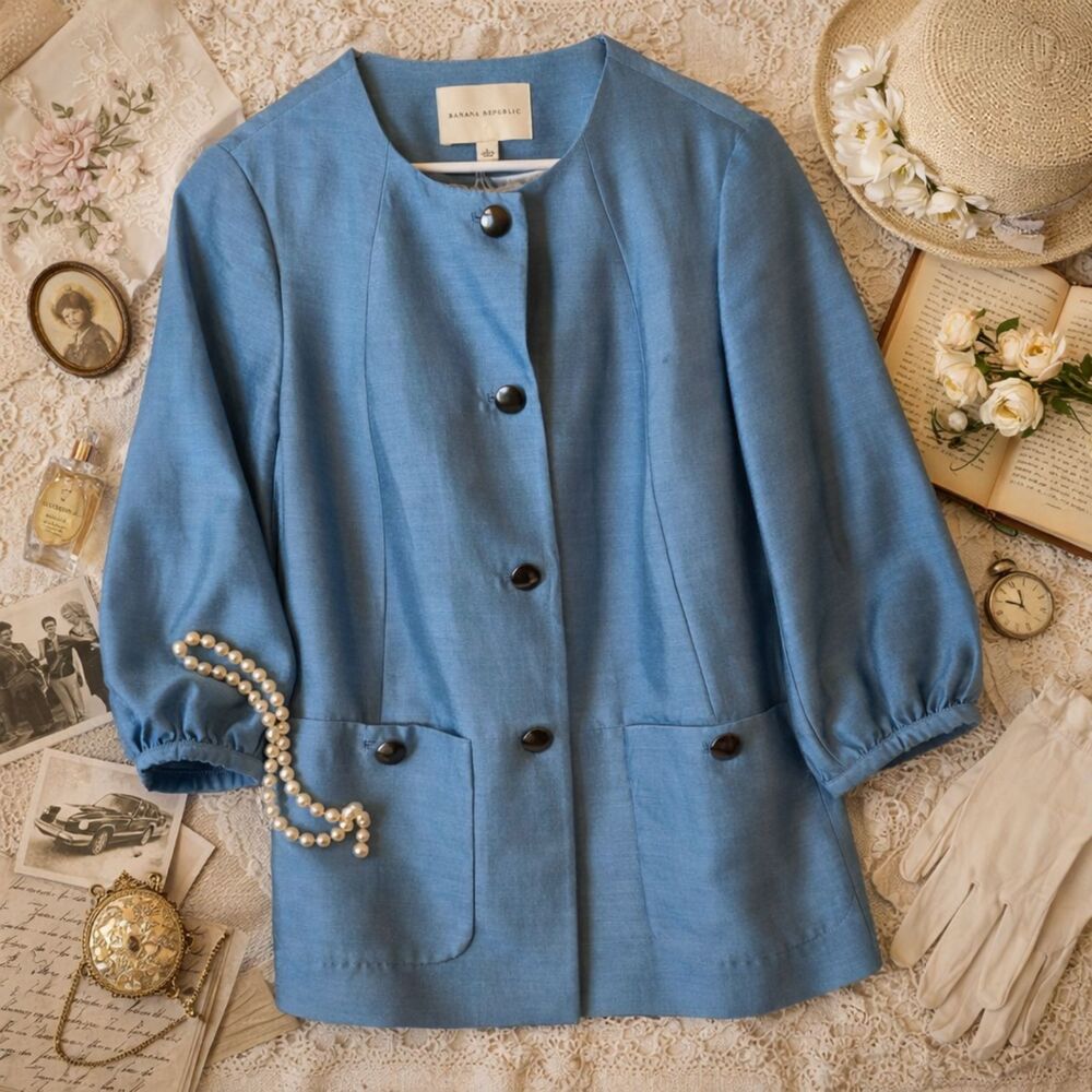 Vintage Banana Republic Silk Blend Blouse Blue Button Front 3/4 Sleeve Pockets